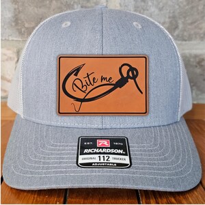 Funny Fishing Leather Patch Trucker Hat, Bite Me Design, Richardson 112, Funny Dad Gift Husband Gift, Sportsman Gift, Laser Engraved