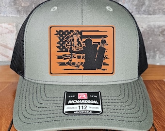 Bow Hunter Leather Patch Trucker Hat, Richardson 112, Deer Hunter Hat with Dad, Dad Gift Husband Gift, Sportsman Gift, Laser Engraved