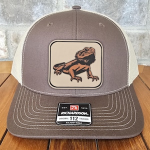 Bearded Dragon Leather Patch Trucker Hat, Richardson 112, Dragon Lover Gift, Beardie Dad, Husband Gift, Reptile Hat, Laser Engraved