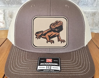 Bearded Dragon Leather Patch Trucker Hat, Richardson 112, Dragon Lover Gift, Beardie Dad, Husband Gift, Reptile Hat, Laser Engraved