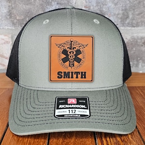 Combat Medic Leather Patch Trucker Hat, Richardson 112, US Veterans Hat, Military Gift, Dad Gift, Army, Navy, Air Force, Marines, Engraved