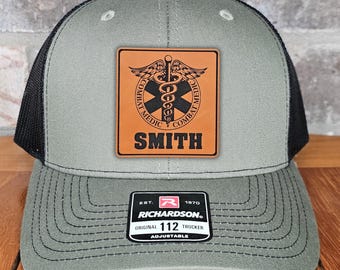 Combat Medic Leather Patch Trucker Hat, Richardson 112, US Veterans Hat, Military Gift, Dad Gift, Army, Navy, Air Force, Marines, Engraved