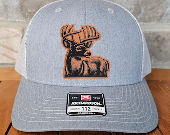 Whitetail Deer Leather Patch Trucker Hat, Richardson 112, Deer Hunter Hat, Dad Gift, Husband Gift, Sportsman Gift, Laser Engraved