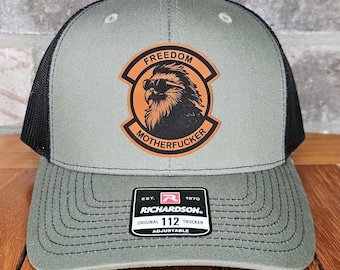 Patriotic Leather Patch Trucker Hat with Eagle, Richardson 112, Freedom, Funny Military Gift, Dad Gift, Husband Gift, Laser Engraved