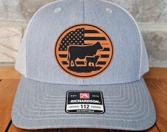 Cow Farm Flag Leather Patch Trucker Hat, Richardson 112, Farm Life Cap, USA Patriotic Hat, Farm Lover Hat, Farmer Gift, Laser Engraved