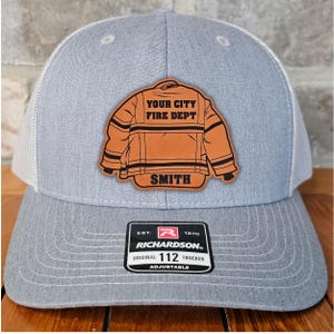 Personalized Firefighter Leather Patch Trucker Hat with Name, Richardson 112, Fireman Hat, Husband Gift, Station Gift, Laser Engraved