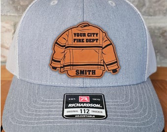 Personalized Firefighter Leather Patch Trucker Hat with Name, Richardson 112, Fireman Hat, Husband Gift, Station Gift, Laser Engraved