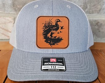Duck Hunter Leather Patch Trucker Hat, Richardson 112, Bird Hunter Hat, Dad Gift Husband Gift, Sportsman Gift, Laser Engraved