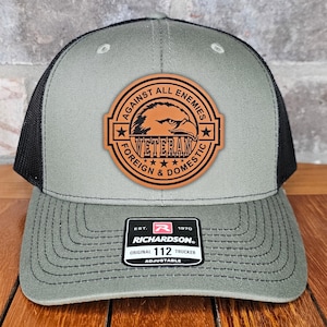 Veteran Leather Patch Trucker Hat, Against All Enemies Eagle, Richardson 112, US Army Hat, Military Gift, Dad Gift, Army Cap, Laser Engraved