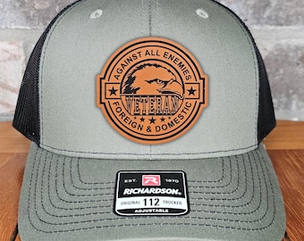 Veteran Leather Patch Trucker Hat, Against All Enemies Eagle, Richardson 112, US Army Hat, Military Gift, Dad Gift, Army Cap, Laser Engraved