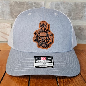 Soldier Skull Leather Patch Trucker Hat, Richardson 112, Patriotic Hat, Military Gift, Dad Gift, Husband Gift, Laser Engraved