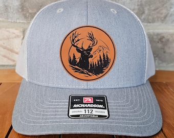 Deer Leather Patch Trucker Hat, Richardson 112, Mountain Deer Hunter Hat, Dad Gift, Husband Gift, Sportsman Gift, Laser Engraved