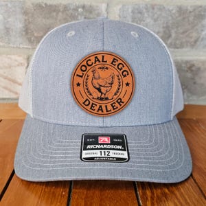 Egg Dealer Leather Patch Trucker Hat, Richardson 112, Local Egg Pusher Cap, Funny Hat, Chicken Lover Hat, Farmer Gift, Laser Engraved