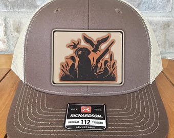 Duck Hunter Leather Patch Trucker Hat, Richardson 112, Bird Dog Hunter Hat, Dad Gift Husband Gift, Sportsman Gift, Laser Engraved