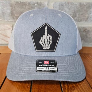 Skeleton Leather Patch Trucker Hat, Richardson 112, Middle Finger Cap, Halloween Hat, Antisocial, F You, Laser Engraved