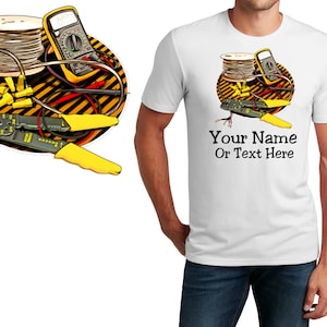 May include: A white t-shirt with a graphic of electrical tools on a yellow and black striped background. The graphic includes a spool of wire, wire cutters, and a multimeter. The text "Your Name Or Text Here" is printed below the graphic.