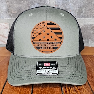 Veteran Leather Patch Trucker Hat, Folded Flag, Richardson 112, US Army Hat, Military Gift, Dad Gift, Army Cap, Laser Engraved