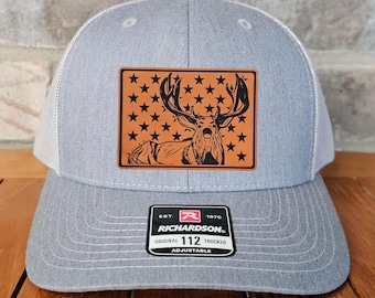 Deer Hunter Leather Patch Trucker Hat, Richardson 112, Deer Hunter Hat with Flag, Funny Dad Gift Husband Gift, Sportsman Gift,Laser Engraved