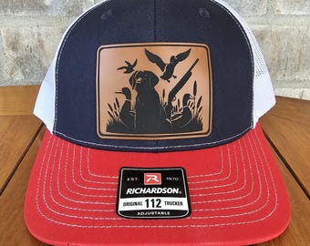 Duck Hunter Leather Patch Trucker Hat, Richardson 112, Bird Dog Hunter Hat, Dad Gift Husband Gift, Sportsman Gift, Laser Engraved