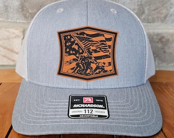 Iwo Jima Leather Patch Trucker Hat with Flag, Richardson 112, Military Gift, Marine Dad Gift, Husband Gift, Veteran Hat, Laser Engraved