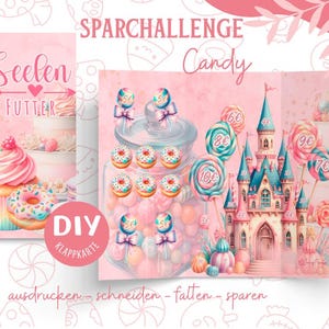 Tarjeta plegable para el desafío del ahorro, dulces, juego de ahorro, carpeta de presupuesto A6, descarga digital en PDF.
