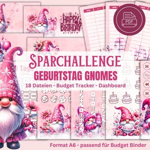 May include: A pink and white printable budget tracker with gnomes and the text "Sparchallenge Geburtstag Gnomes 18 Dateien - Budget Tracker - Dashboard Format A6 - passend für Budget Binder".