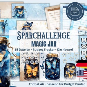 Set sfida risparmio barattolo magico, raccoglitore budget A6, farfalle gioco risparmio, modelli sfida risparmio download digitale