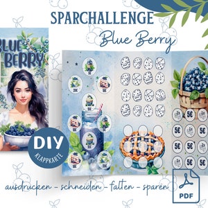 Savings Challenge 折りたたみカード ブルーベリー DIY 節約ゲーム予算編成 A6 予算バインダー デジタル ダウンロード PDF 封筒方式