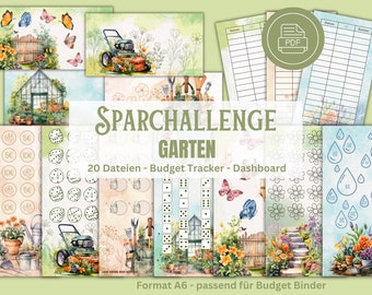 Pode incluir: Um conjunto de páginas de rastreamento de orçamento imprimíveis no formato A6 com um tema de jardim. As páginas apresentam ilustrações de flores, borboletas, uma estufa, um regador e um cortador de grama. O texto "SPARCHALLENGE GARTEN 20 Dateien - Budget Tracker - Dashboard Format A6 - passend für Budget Binder" está impresso nas páginas.