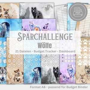 Sparchallenge Set Wölfe- Sparspiel Budgetierung Sparset A6 Binder Digital Download, 5 euro Challenge