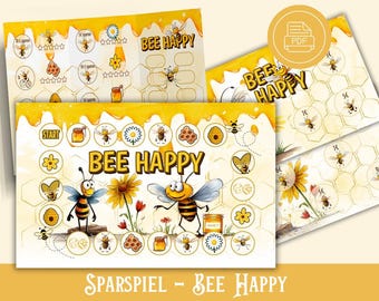 May include: A bee-themed board game with a yellow honeycomb board and colorful bee illustrations. The game is called "Bee Happy" and includes a start space, a honey pot, and a bee with a heart. The game is designed for children and adults.