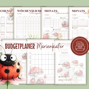 Plantilla de planificador de presupuesto, planificador financiero, planificador de presupuesto Mariquita, cuaderno de hogar, carpeta de presupuesto, formatos A5 y A4