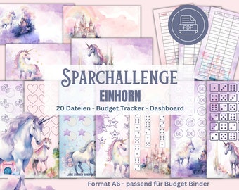 May include: A set of printable budget tracker pages featuring a unicorn theme. The pages are designed in a watercolor style with pastel pink, purple, and blue colors. The text on the pages reads "Sparchallenge Einhorn 20 Dateien - Budget Tracker - Dashboard Format A6 - passend für Budget Binder".