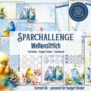 Pode incluir: Um conjunto de folhas de acompanhamento de orçamento imprimíveis com uma ilustração de aquarela de um periquito azul e amarelo. As folhas são projetadas para uso com um fichário de orçamento e incluem uma variedade de gráficos e tabelas para acompanhar os gastos e as economias. O texto nas folhas diz "Sparchallenge Wellensittich 16 Dateien - Budget Tracker - Dashboard Format A6 - passend für Budget Binder".