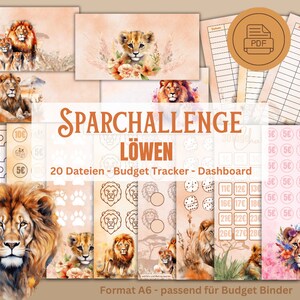 Könnte beinhalten: Ein druckbarer Budget-Tracker mit Löwen-Motiv. Der Druckbogen enthält ein Dashboard, ein Puzzle, einen Münz-Tracker und einen Spar-Tracker. Der Druckbogen ist im Format A6 und eignet sich für Budget-Binder.