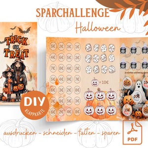 Sfida del risparmio: biglietto pieghevole di Halloween fai da te, gioco del risparmio, raccoglitore A6, download digitale in formato PDF