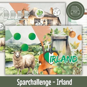 Peut inclure: Un suivi d'épargne imprimable illustrant un paysage irlandais avec des moutons, une harpe et un drapeau en forme de cœur. Le texte indique IRLAND Dublin. Comprend une feuille avec des colonnes de sommes, des icônes de bière, des dés et un trèfle.