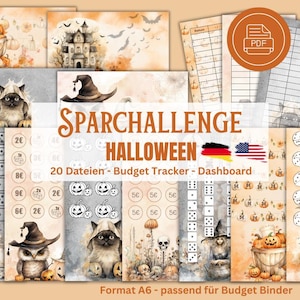 May include: A set of printable Halloween themed budget tracker and dashboard pages. The pages feature a variety of Halloween imagery, including pumpkins, cats, owls, and a haunted house. The text "SPARCHALLENGE HALLOWEEN" is displayed in large, bold letters. The text "20 Dateien - Budget Tracker - Dashboard" is also displayed. The text "Format A6 - passend f&uuml;r Budget Binder" is displayed at the bottom of the image.