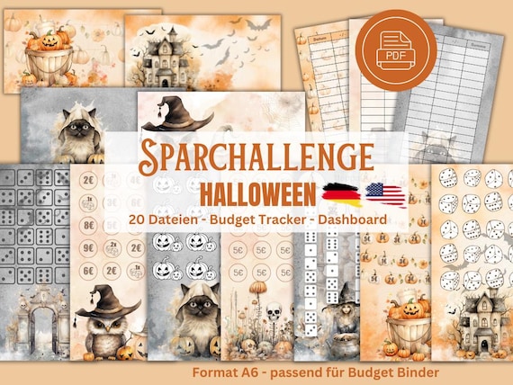 Sparchallenge Set Halloween, Sparspiel Halloween, Bugdet Binder A6, Sparchallenge Vorlagen, Digital Download PDF