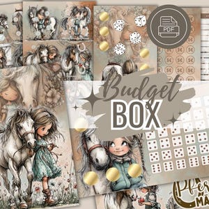 Puede incluir: Una colección de páginas imprimibles ilustradas con niñas y caballos, dados y un tema de caja de presupuesto. La obra de arte tiene un estilo vintage con colores suaves y el texto "Budget BOX" y "Pferde Mädchen".