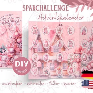 Sparchallenge Klappkarte, Sparchallenge Adventskalender, Pink Christmas, Sparspiel Weihnachten, A6 Budget Binder, Digital Download