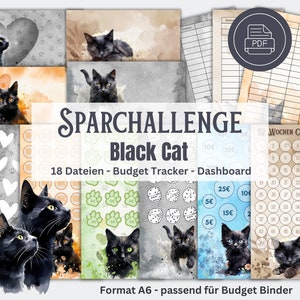 Spaaruitdaging Set Katten - Budgetteringsspaarset Zwarte Kat A6-map Digitale download PDF-envelop Methode 5 Euro-uitdaging