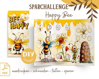 May include: A printable DIY game for kids called "Sparchallenge Happy Bee". The game features a bee theme with a bee on a honeycomb and a bee on a flower. The game includes a fold-out board with different amounts of money on it. The game is designed to help kids learn about saving money.