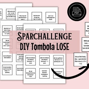 Pode incluir: Um conjunto de cartões brancos com texto preto, com a frase "SPARCHALLENGE DIY Tombola LOSE" numa sobreposição rosa. Os cartões contêm sugestões para poupar dinheiro, com um ícone PDF no canto superior direito.