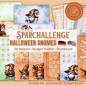 Könnte beinhalten: Ein Satz druckbarer Budget-Tracker- und Dashboard-Seiten zum Thema Halloween-Gnome. Die Seiten zeigen Gnome, die Hexenhüte tragen und Kürbisse halten. Der Text auf der Seite lautet "Sparchallenge Halloween Gnomes 20 Dateien - Budget Tracker - Dashboard Format A6 - passend für Budget Binder".