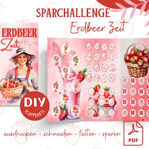Spaaruitdaging vouwkaart aardbei DIY spaarspel budgetteren A6 budgetmap digitale download PDF envelop methode
