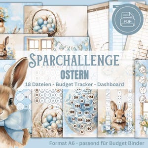 May include: A collection of Easter-themed printable budget trackers and dashboards. The designs feature watercolor illustrations of bunnies, eggs, and floral elements in soft pastel colors. The text "SPARCHALLENGE OSTERN" is visible.
