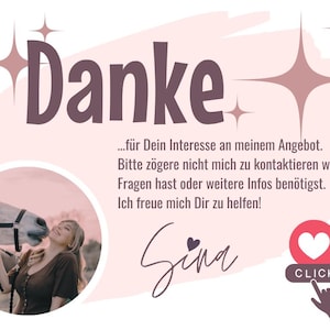 Pu&ograve; includere: Una grafica rosa e bianca con la parola tedesca "Danke" a lettere grandi. L'immagine include una foto di una donna con un cavallo, il nome "Sina" e un pulsante a forma di cuore con la parola "CLICK".