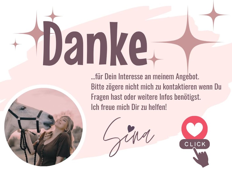 Pu&ograve; includere: Una grafica rosa e bianca con la parola tedesca "Danke" a lettere grandi. L'immagine include una foto di una donna con un cavallo, il nome "Sina" e un pulsante a forma di cuore con la parola "CLICK".