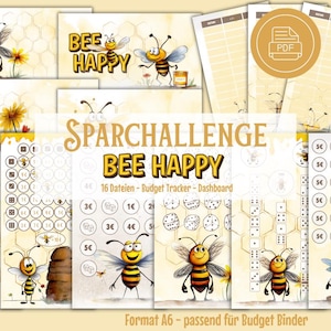 Könnte beinhalten: Ein druckbarer Satz von 16 Dateien für eine Sparchallenge zum Thema Biene. Das Set beinhaltet einen Budget-Tracker, ein Dashboard und einen 30-Tage-Challenge-Tracker. Das Design zeigt eine gelbe und braune Biene vor einem Honigwaben-Hintergrund. Der Text "Sparchallenge Bee Happy" befindet sich auf einem gelben Banner.